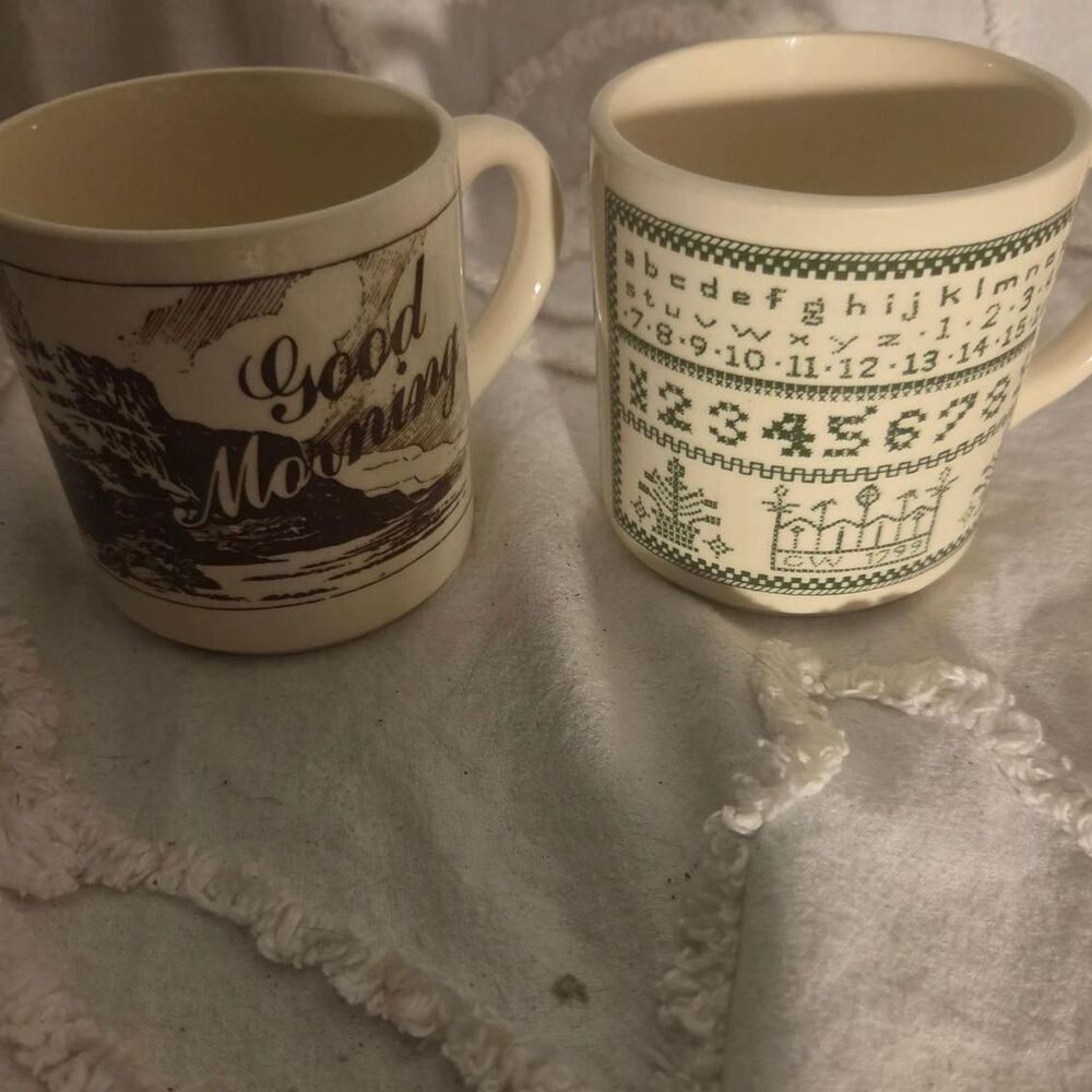 Mugs "Good Morning" Landscape & Country Cross Stitch Sampler cottagecore